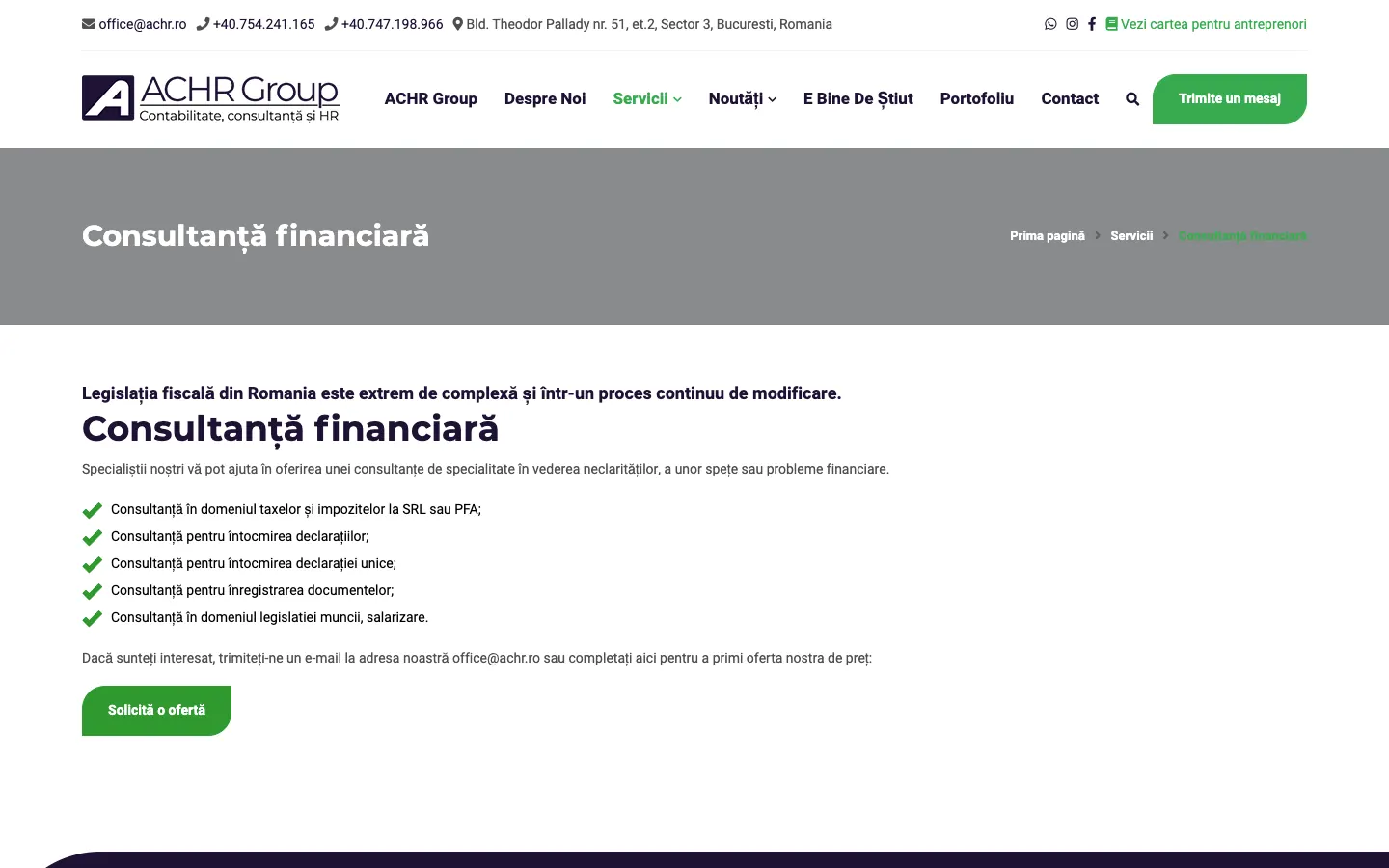 The old ACHR financial consulting page, with the headline “Financial consulting”