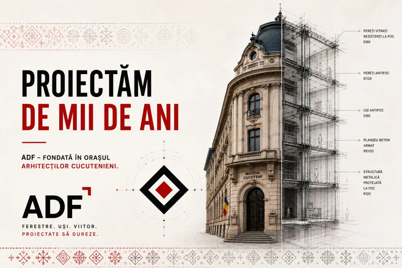 ADF campaign “We've been designing for millennia”: the Cucuteni Museum building, half photograph, half blueprint with fire-rated specs