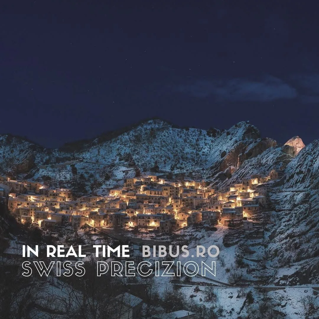 A mountain village lit at night under snow, with the text “In real time · Swiss precizion”