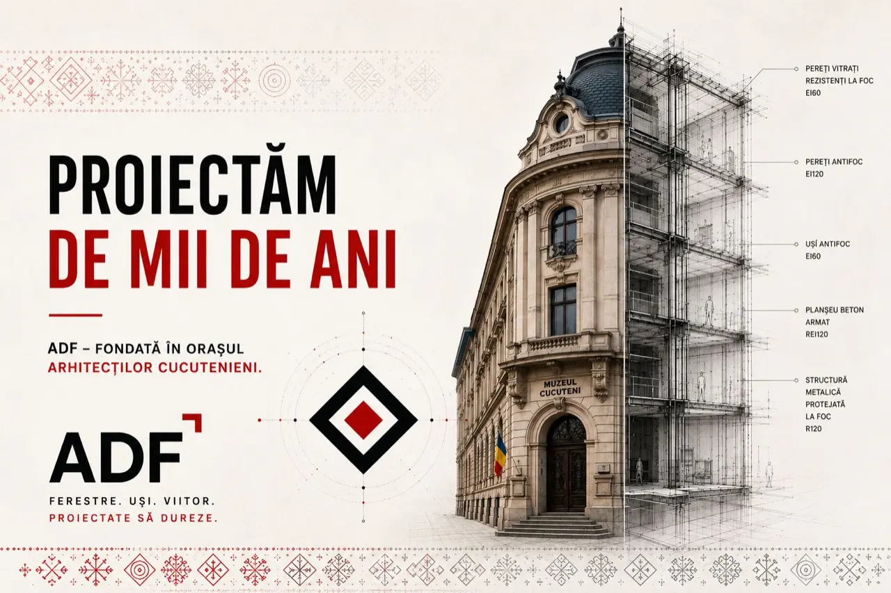 Fereastra ADF campaign on the theme "we design": aesthetics and durability as two sides of the same promise, with the Cucuteni origin as brand territory no other joinery manufacturer can claim.