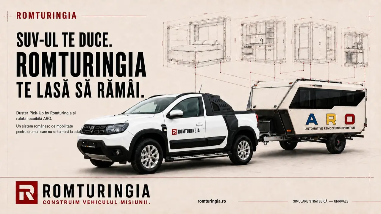Slide from the Romturingia deck: an ARO on a Duster platform alongside the liveable caravan, the van life territory as complementary income for the premium second-hand car dealer.