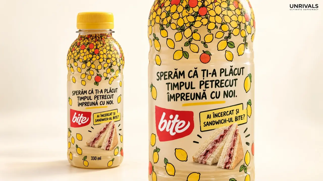 Slide from the Pleuro Ind deck: BITE lemonade used as a cross-sell for the sandwich, the packaging that opens the next sale and moves the conversation from listing to rotation.