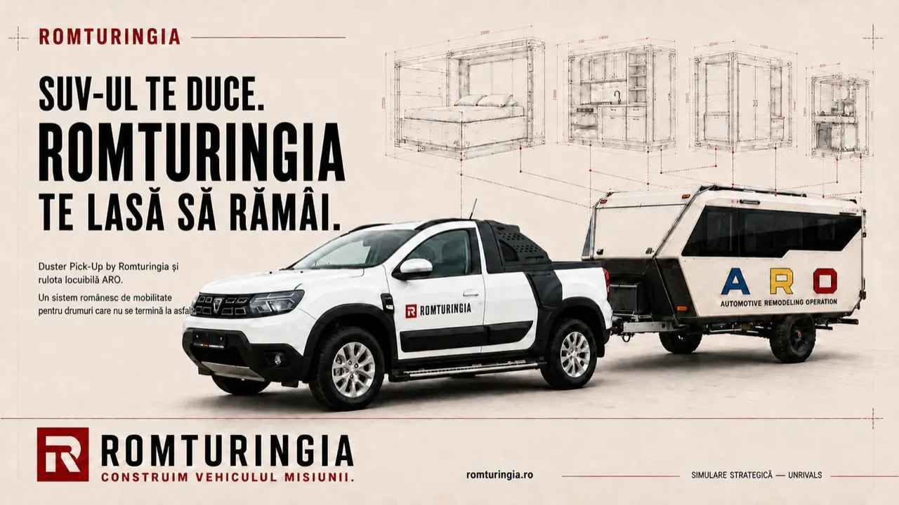 Plate from the Romturingia deck: an ARO on a Duster platform beside the liveable camper. The differentiator the deck resolves is van life as complementary revenue for the premium used-car dealer.