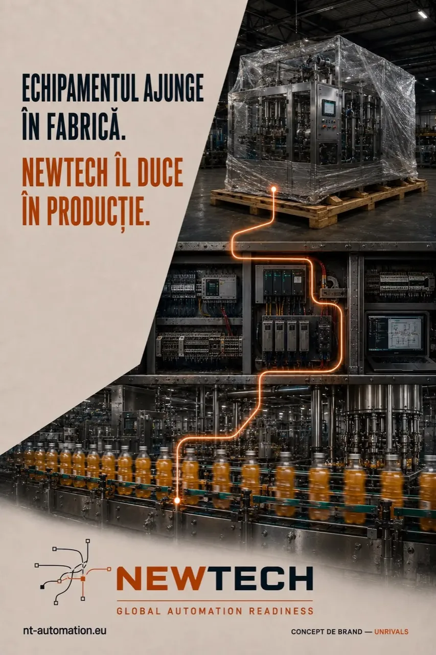 NewTech Automation poster on the theme of production: the territory between the equipment delivered and the line that produces, that is, production readiness, the differentiator no other automation firm publicly claims.