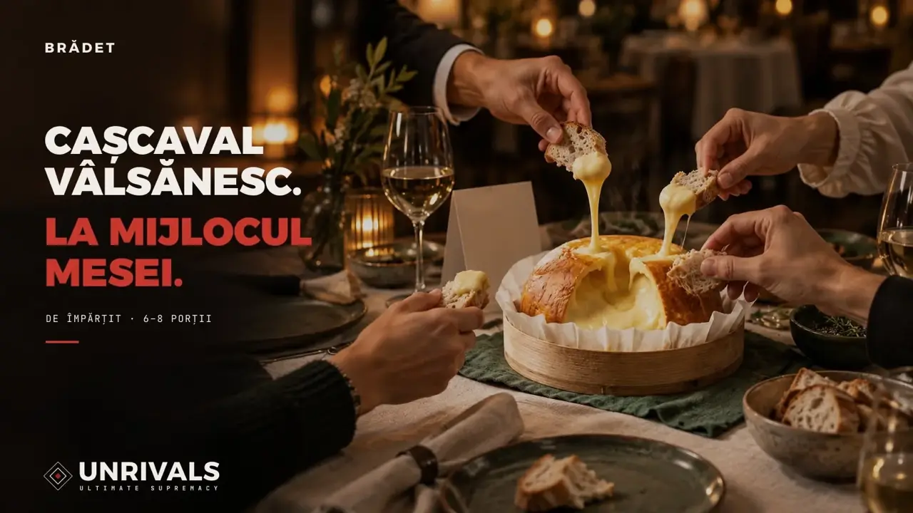 Slide from the Lactate Brădet deck: the certified Vâlsănesc cheese placed at the centre of the table, the product as the evening's main character rather than a side dish, with the story of the place beginning in 1503.