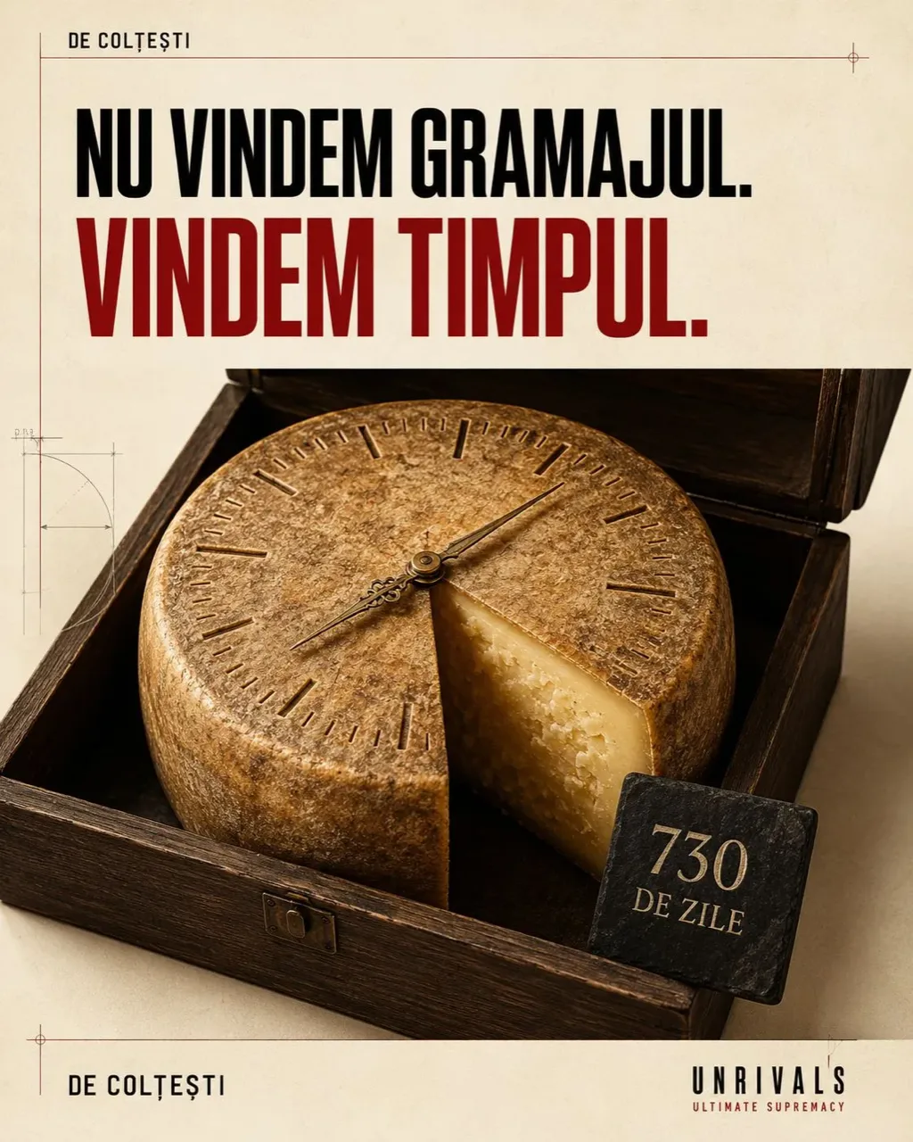 Closing slide from the De Colțești deck: the weight is not the measure of the product, the maturation time is, and the number of days becomes the criterion by which the customer chooses.