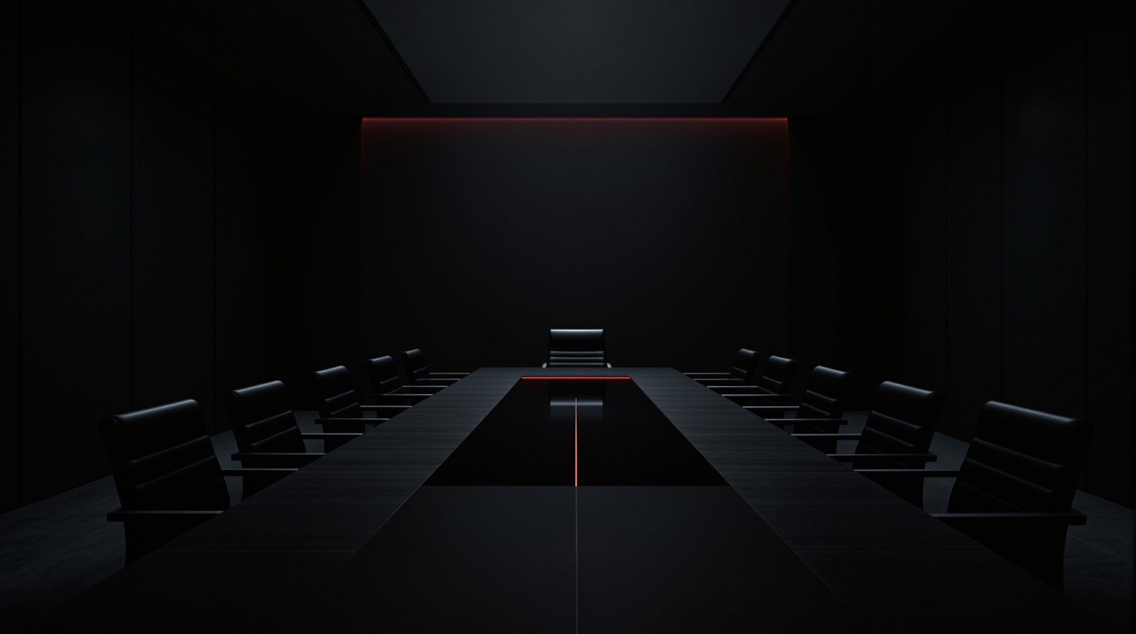 Empty boardroom in matte black with a single seat at the head lit in red