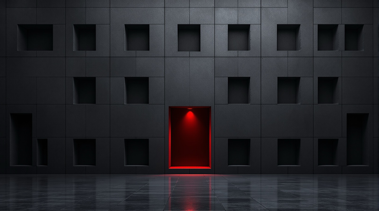 Dark concrete wall with a grid of identical empty niches, one of them lit in red