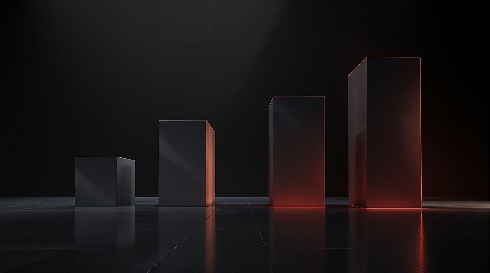 Four monolithic concrete blocks of increasing height, the tallest edge-lit in red