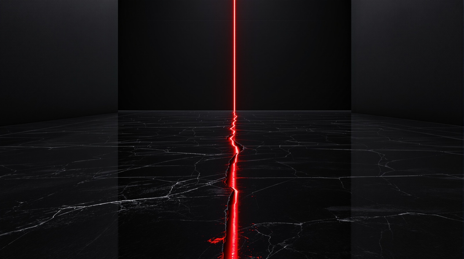 Polished black stone floor, flawless on the surface, split by a single fracture with red light rising from beneath