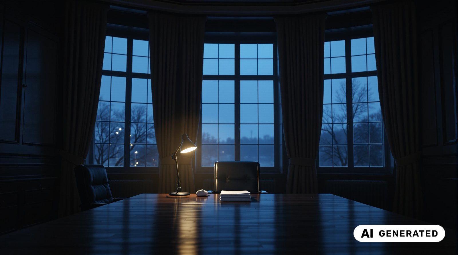 Empty official office at dusk with a stack of unsigned papers under a single lamp, AI-generated image labelled as such