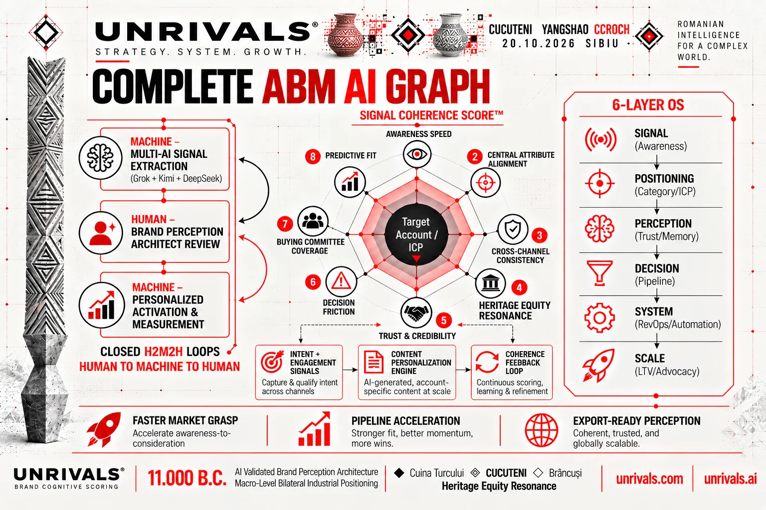 UNRIVALS “Complete ABM AI Graph” infographic, with the Signal Coherence Score on eight dimensions around the target account, the human-to-machine loop and the six-layer operating system, from Signal to Scale
