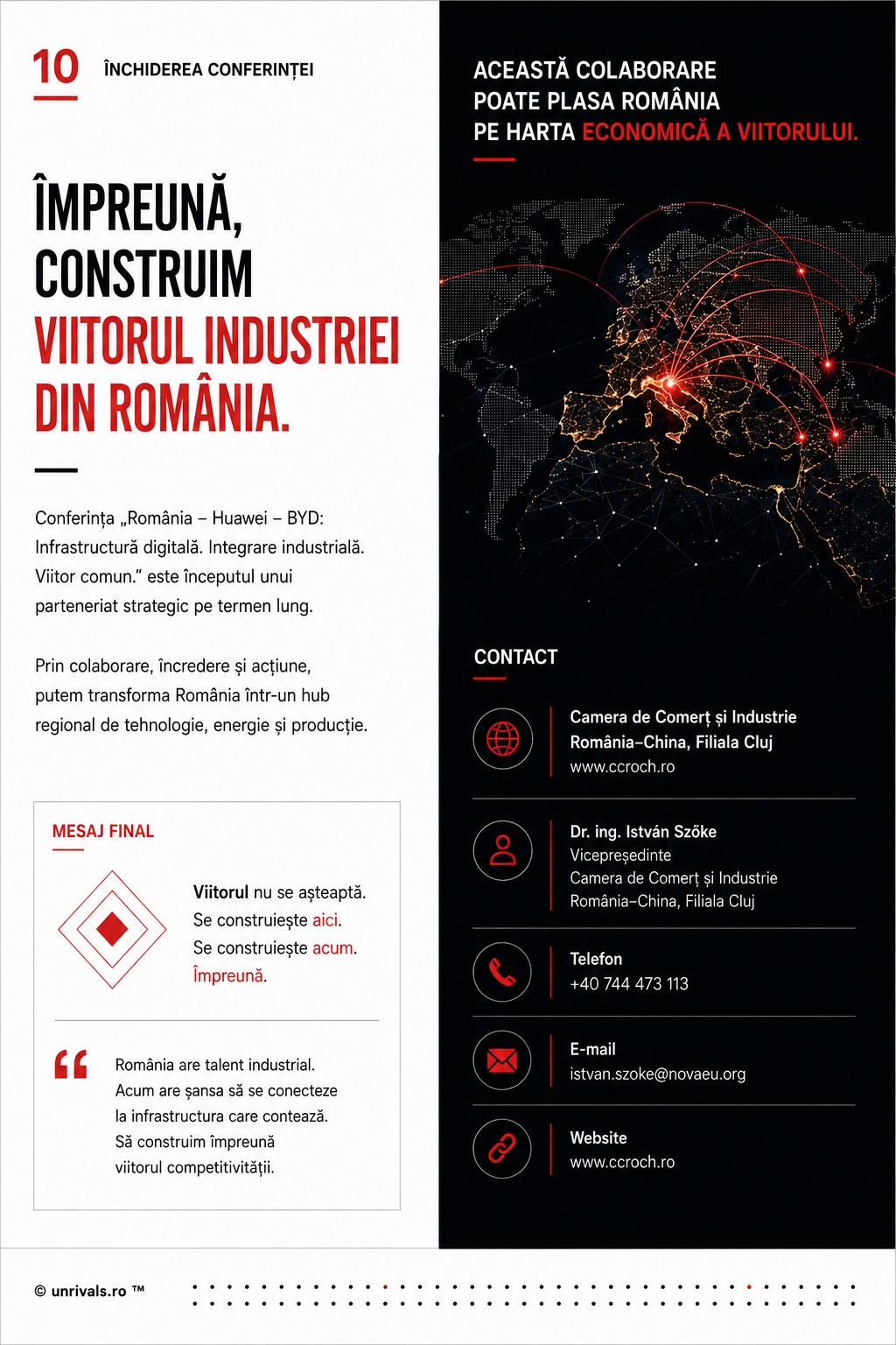Closing board of the conference, with the final message and the contact details of the Romania–China Chamber of Commerce and Industry, Cluj branch.