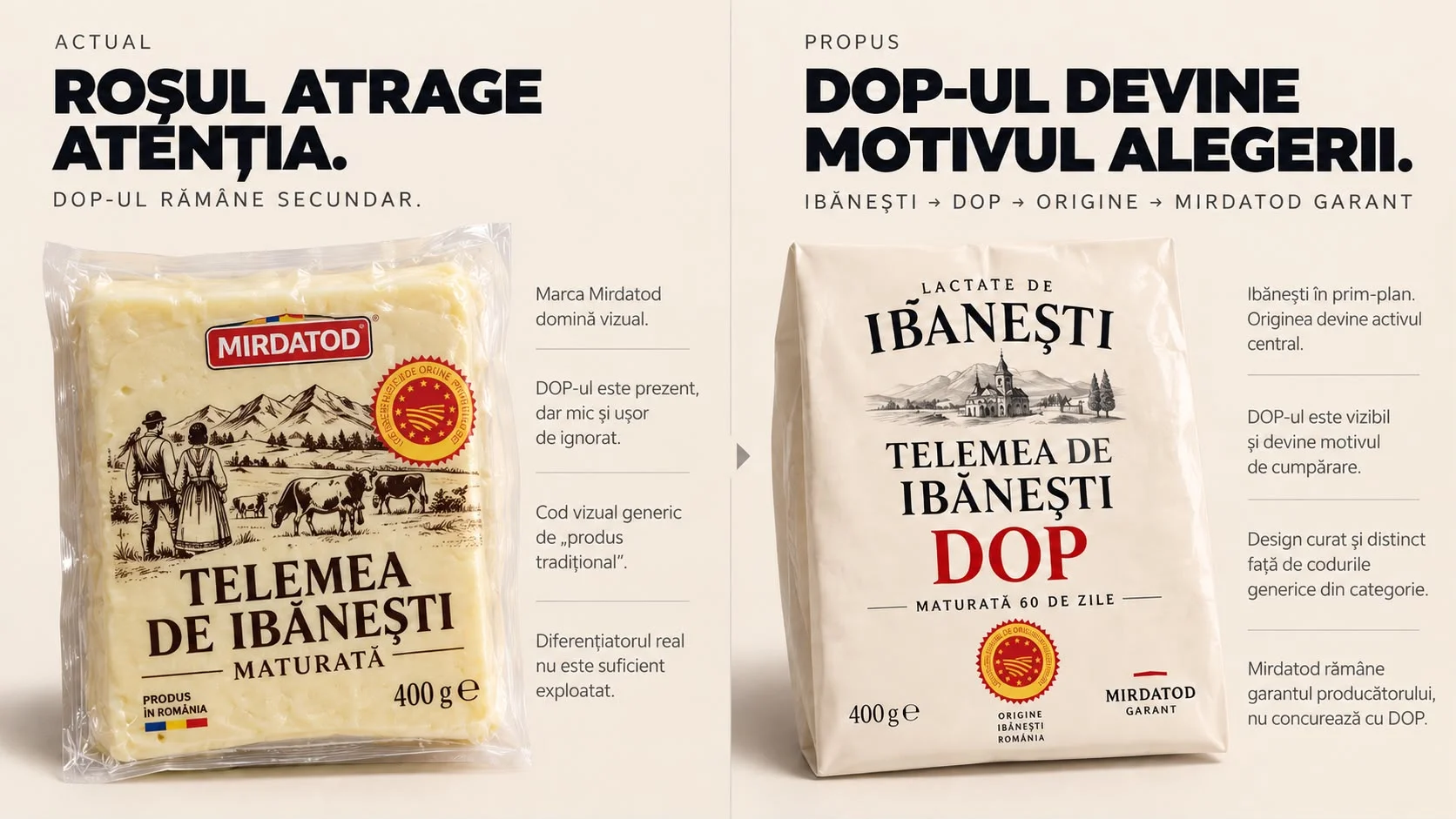 Two Telemea de Ibănești packs shown side by side. On the left, the current pack, red, where the PDO seal stays secondary. On the right, the proposed version, cream, where the PDO seal becomes the reason for choosing it.