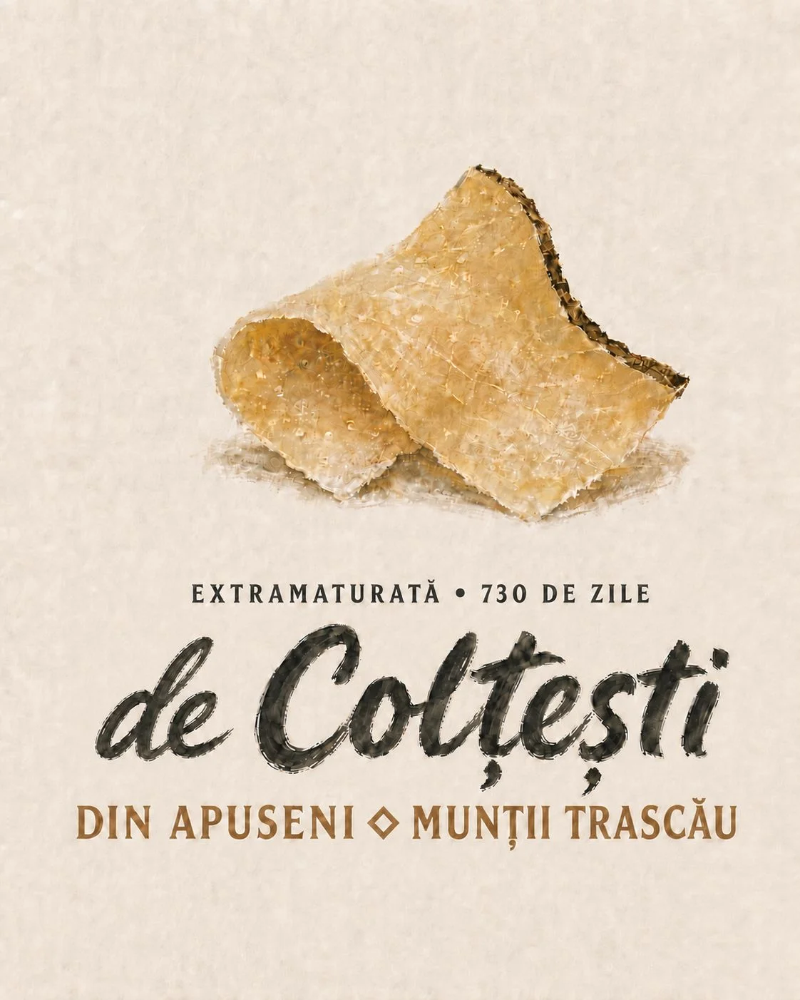 De Colțești lockup on a cream paper background: a painted illustration of a sliced extra-matured cheese wheel, beneath which three lines read "EXTRA-MATURED · 730 DAYS", the name "de Colțești" written large, by hand, and the provenance descriptor "FROM APUSENI ◇ TRASCĂU MOUNTAINS". The mark sits above, the origin below, in the role of evidence.