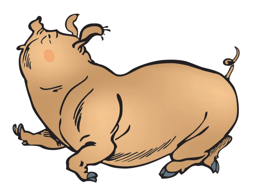The ROTOFEI mascot, a cheerful pinkish-beige piglet with blue-grey hooves, caught in motion