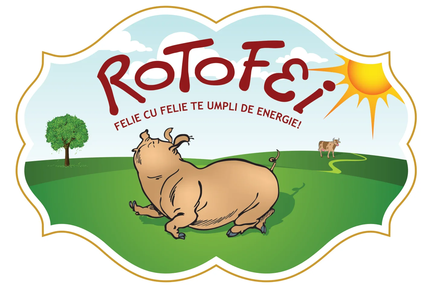 The ROTOFEI medallion as a whole: logotype and slogan against the sky, the mascot on a pasture, a tree, a small cow, a path and the sun, inside a gold-outlined frame