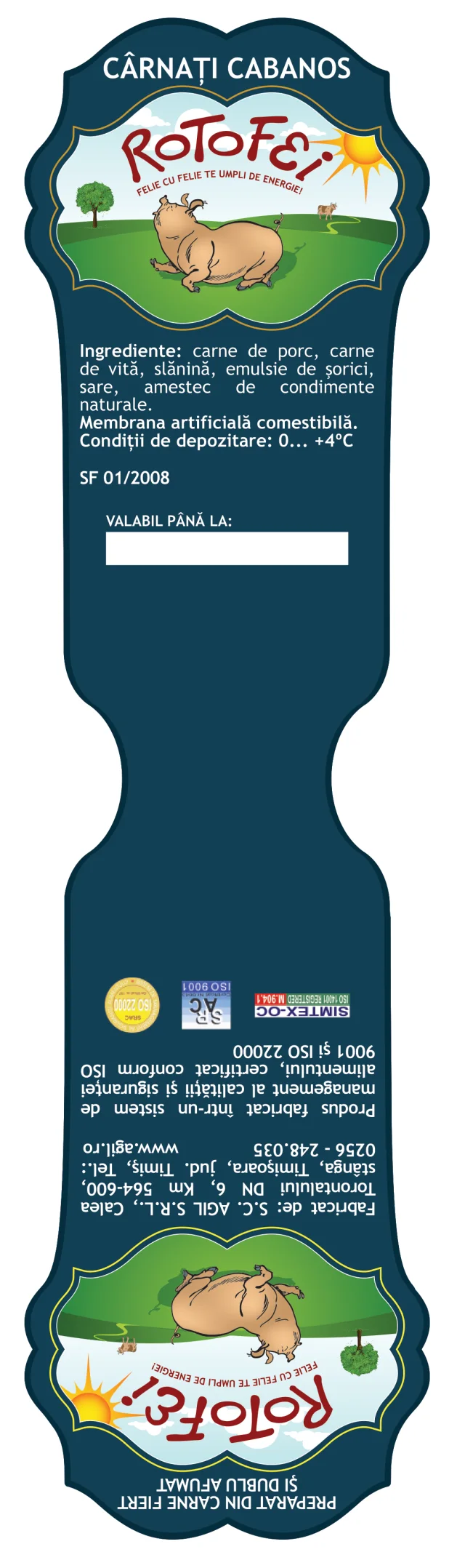 Vertical label for Cârnați Cabanos (cabanossi sausages), with the ROTOFEI medallion on a blue background, repeated at both ends