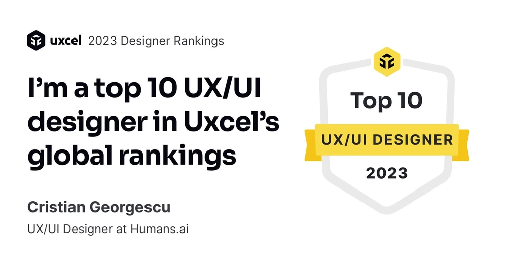 Uxcel badge: Cristian Georgescu, top 10 in the global UX/UI designer rankings, 2023